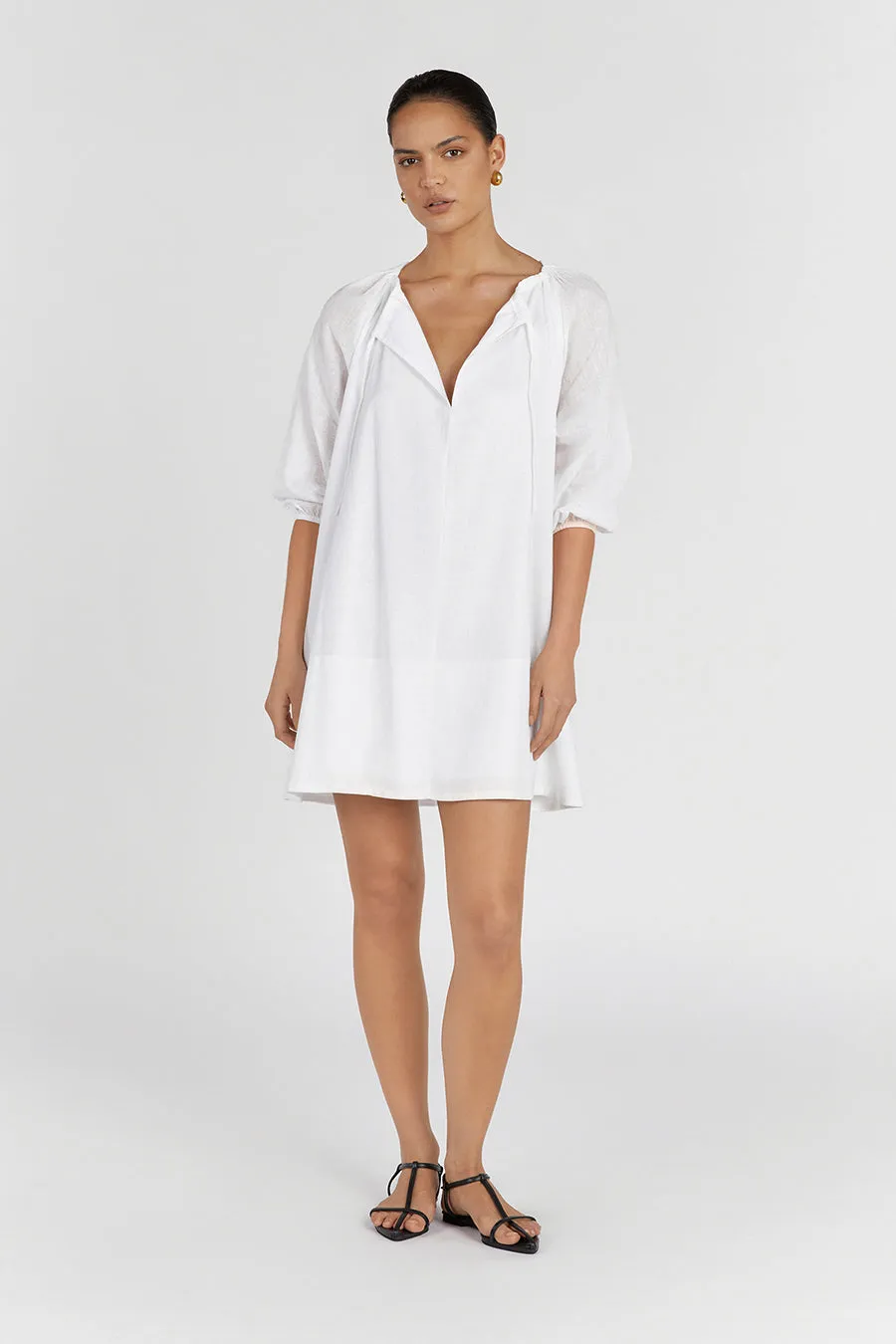 NADIA WHITE LINEN SMOCK DRESS sold by Dissh