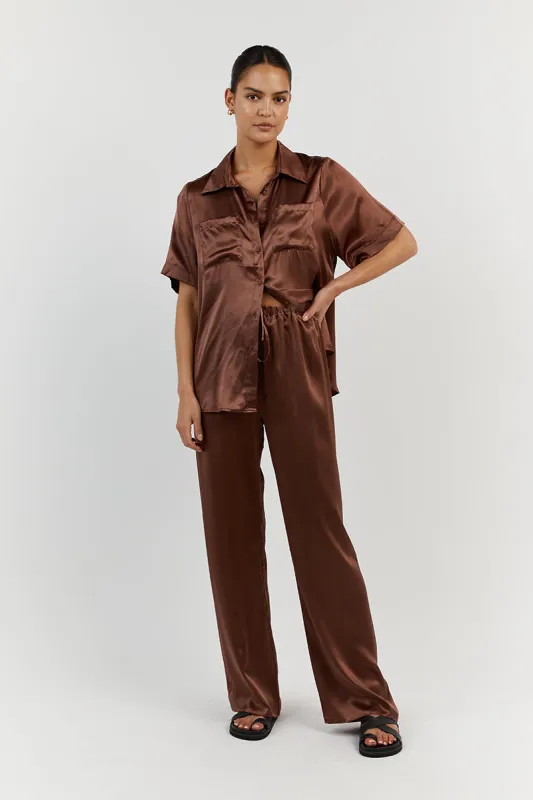 EVANS SHINY CHOC SILK VACAY SHIRT sold by Dissh