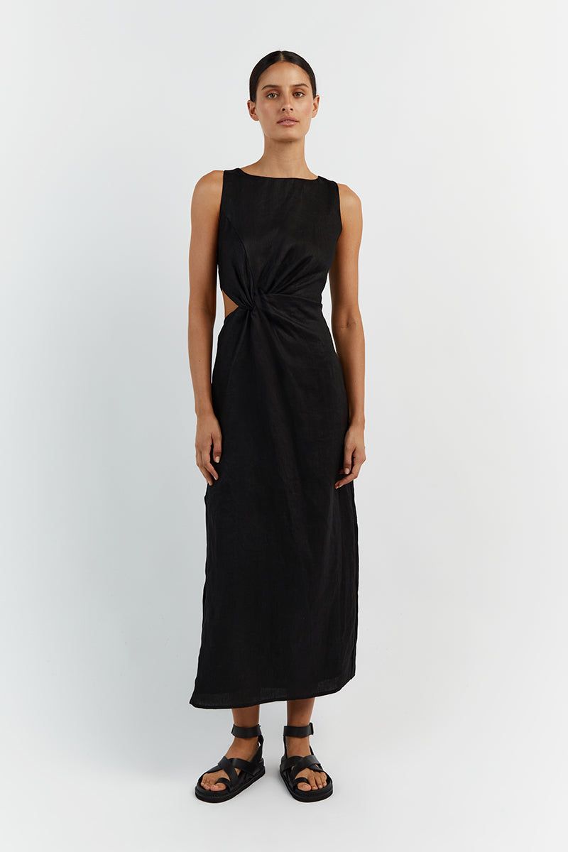 LEILANI BLACK LINEN MIDI DRESS sold by Dissh
