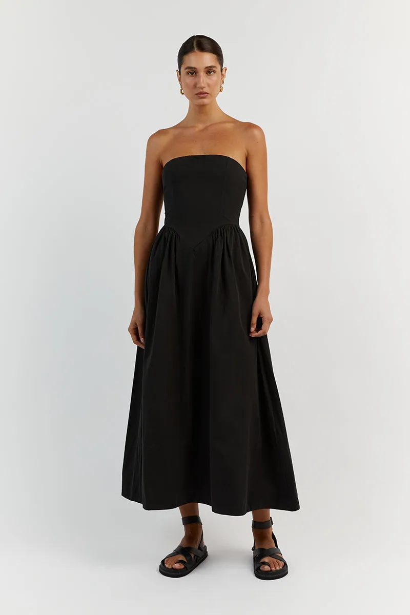 HYLAND BLACK STRAPLESS MIDI DRESS sold by Dissh