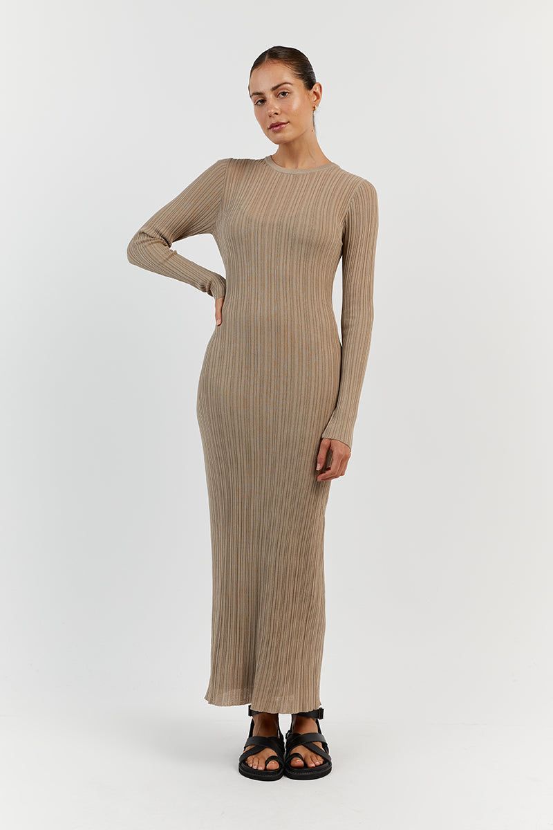HARPER TAUPE LONG SLEEVE KNIT DRESS sold by Dissh