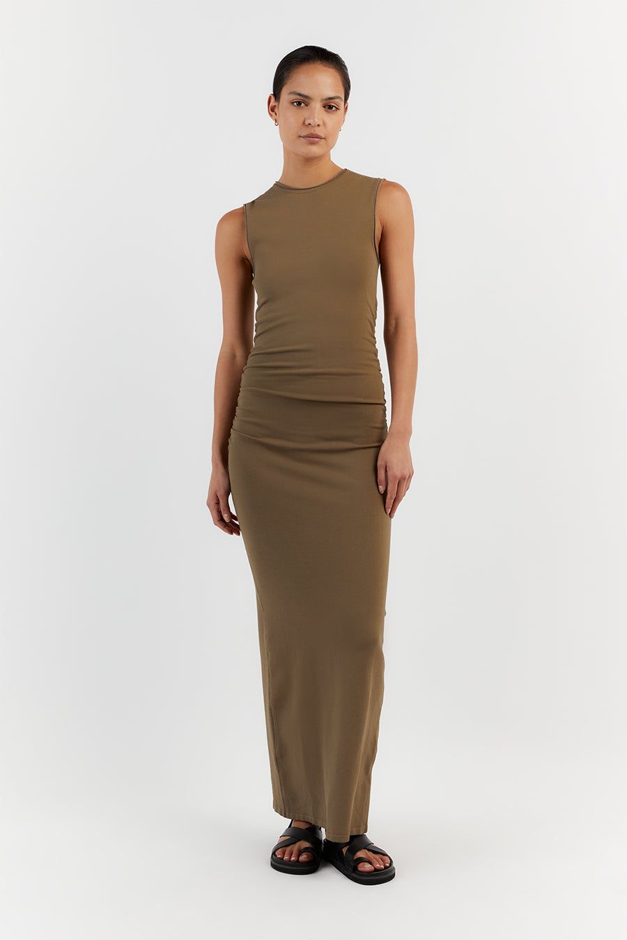 ROMY KHAKI SLEEVELESS MAXI DRESS sold by Dissh