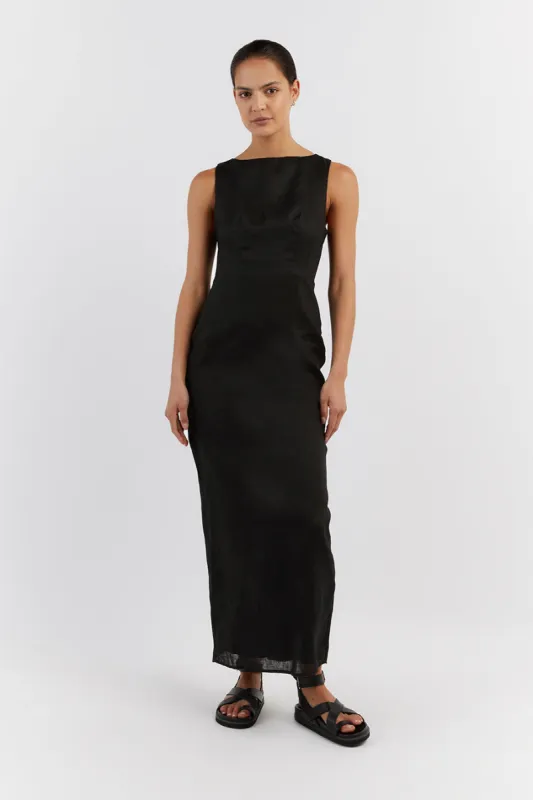 TYLA BLACK LINEN MIDI DRESS sold by Dissh