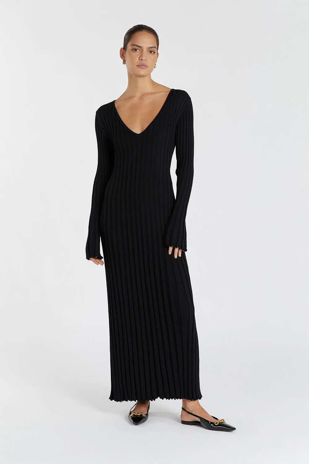 REIGN BLACK SLEEVED KNIT MIDI DRESS sold by Dissh