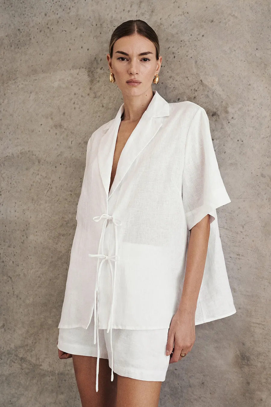 EMELIA WHITE LINEN WRAP SHIRT sold by Dissh