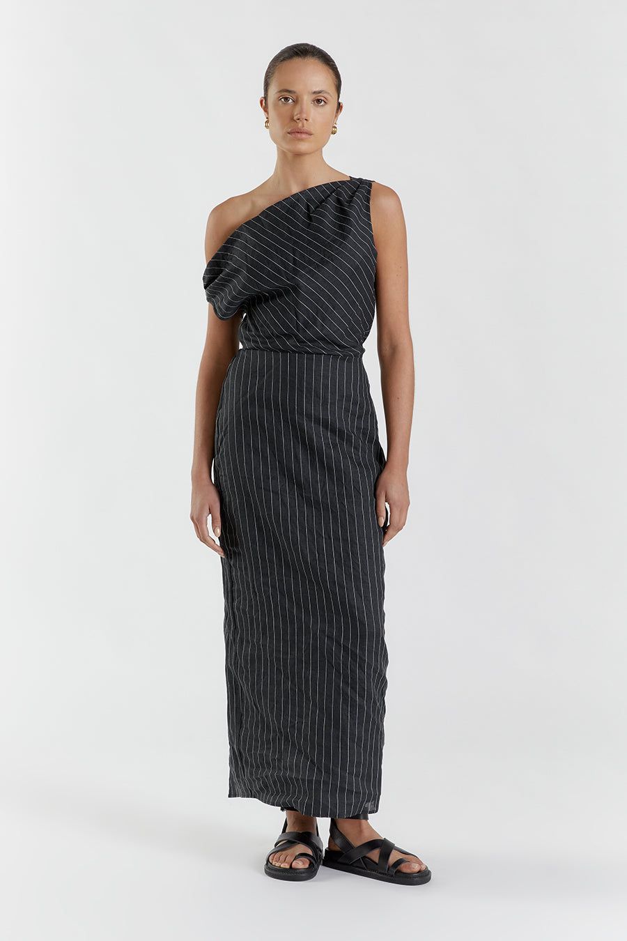 MARCEL BLACK PINSTRIPE MIDI DRESS sold by Dissh