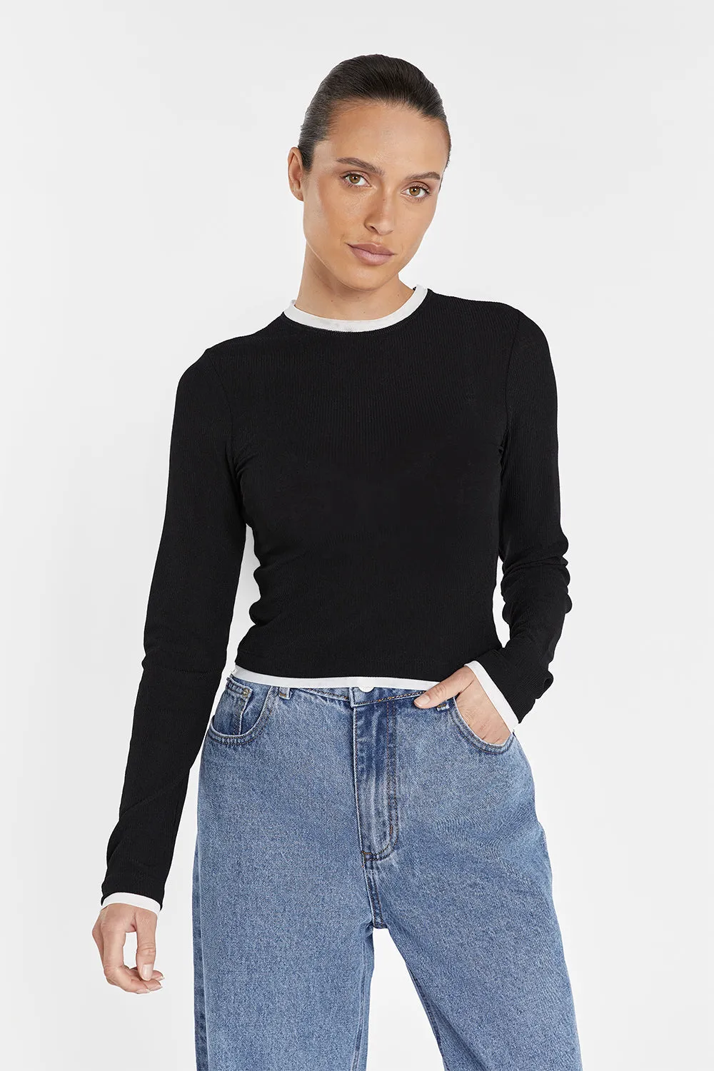 LINA BLACK CONTRAST LONG SLEEVE TOP sold by Dissh product image thumbnail 2