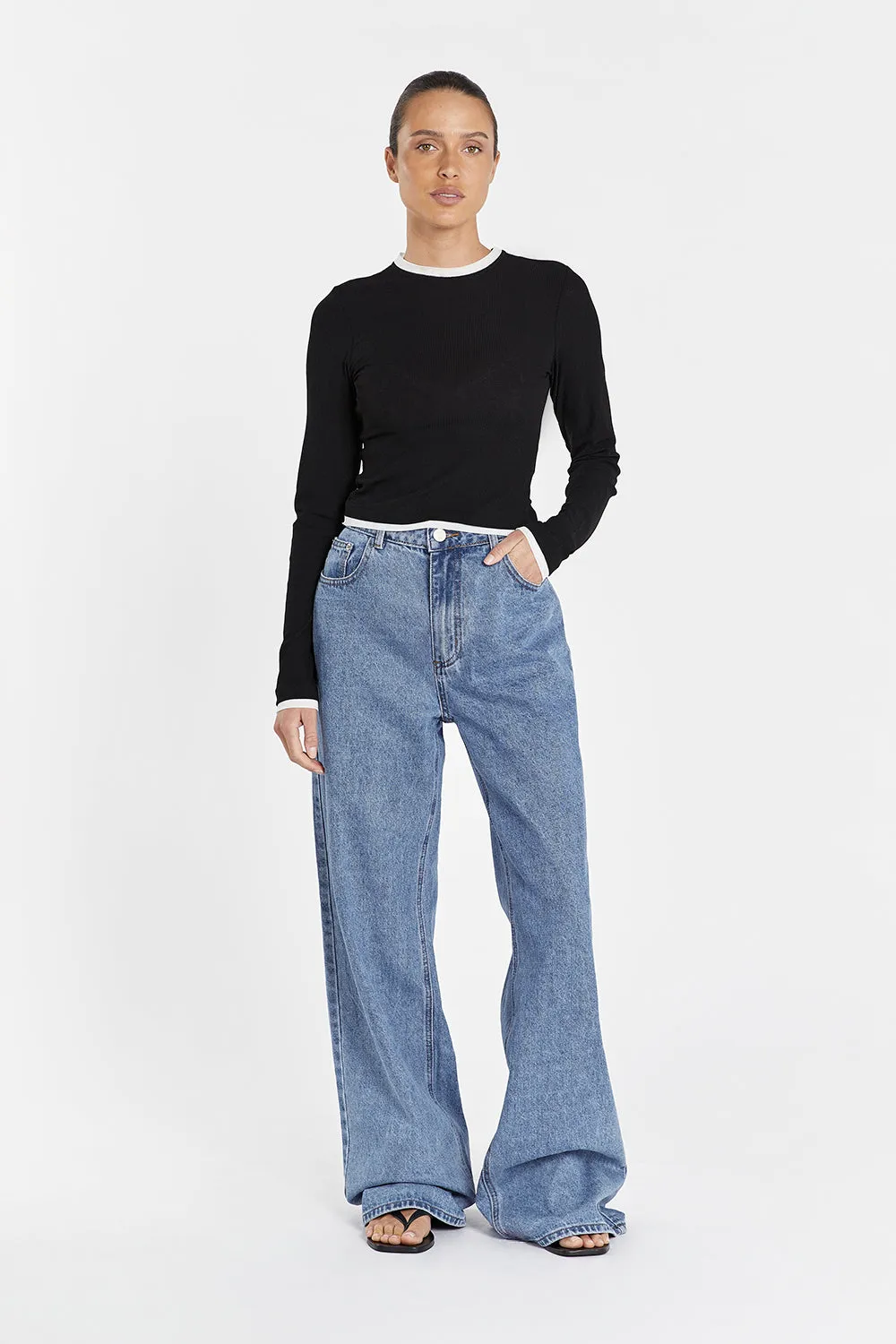 LINA BLACK CONTRAST LONG SLEEVE TOP sold by Dissh