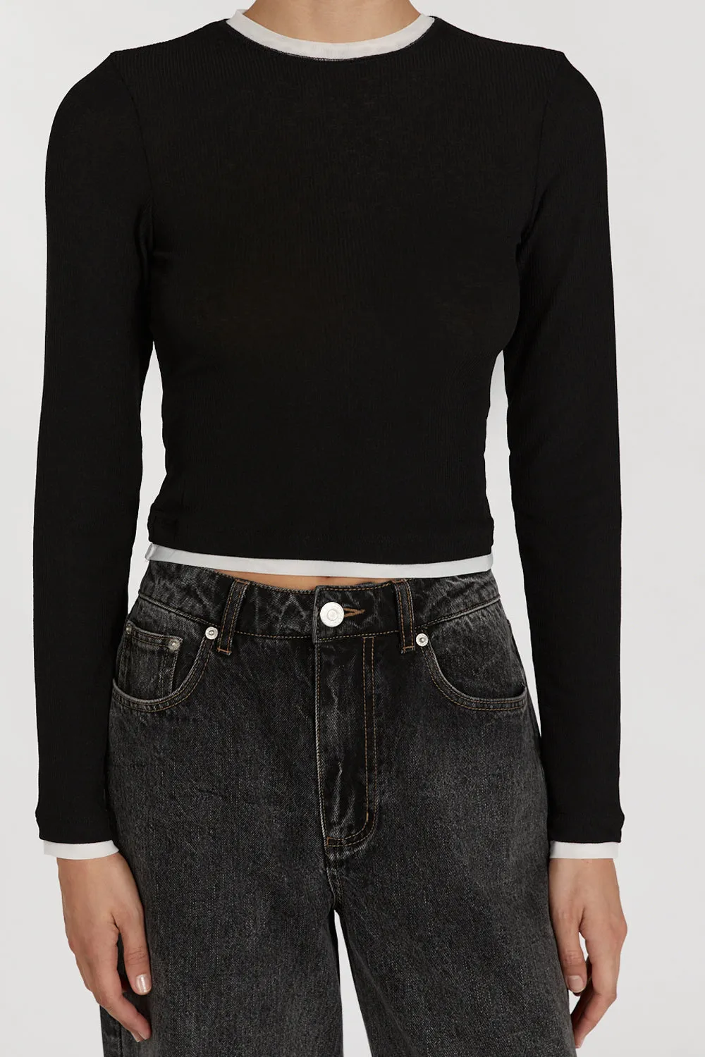 LINA BLACK CONTRAST LONG SLEEVE TOP sold by Dissh product image thumbnail 5