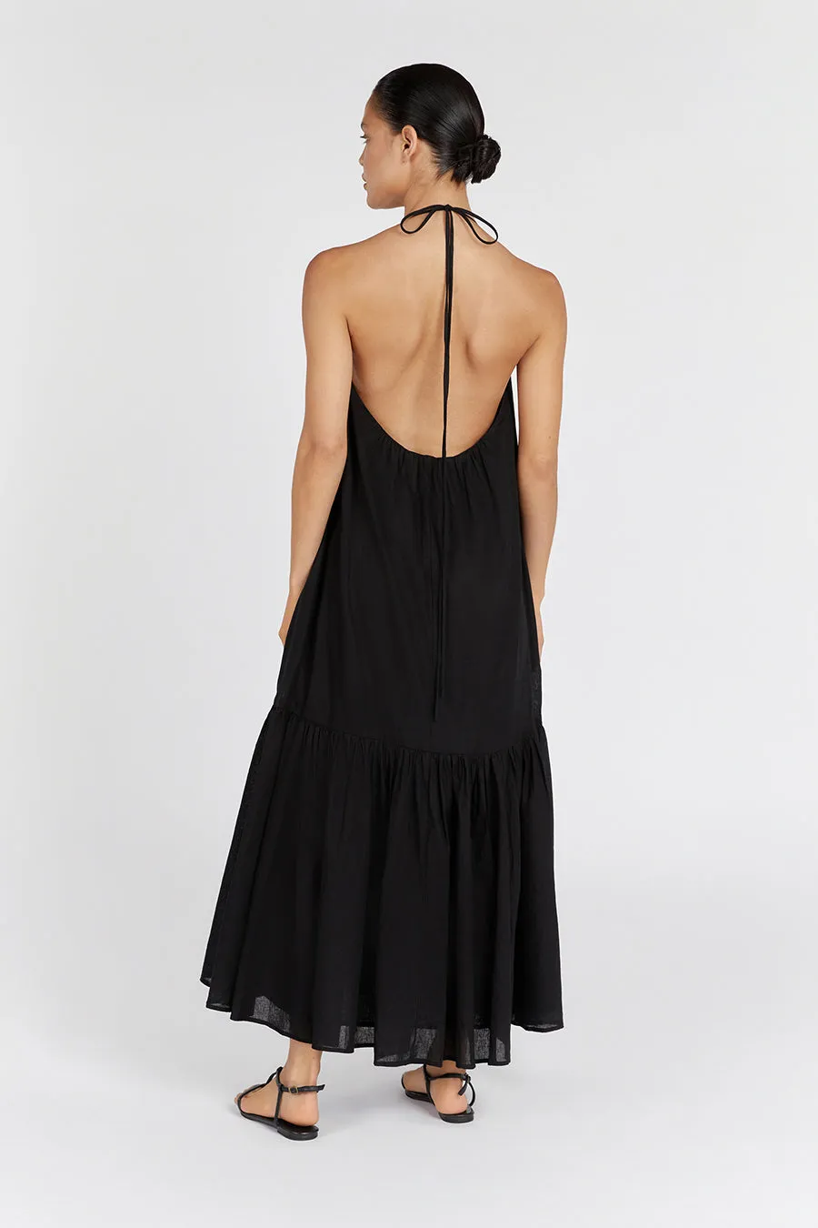 ARI BLACK LINEN HALTER MAXI DRESS sold by Dissh