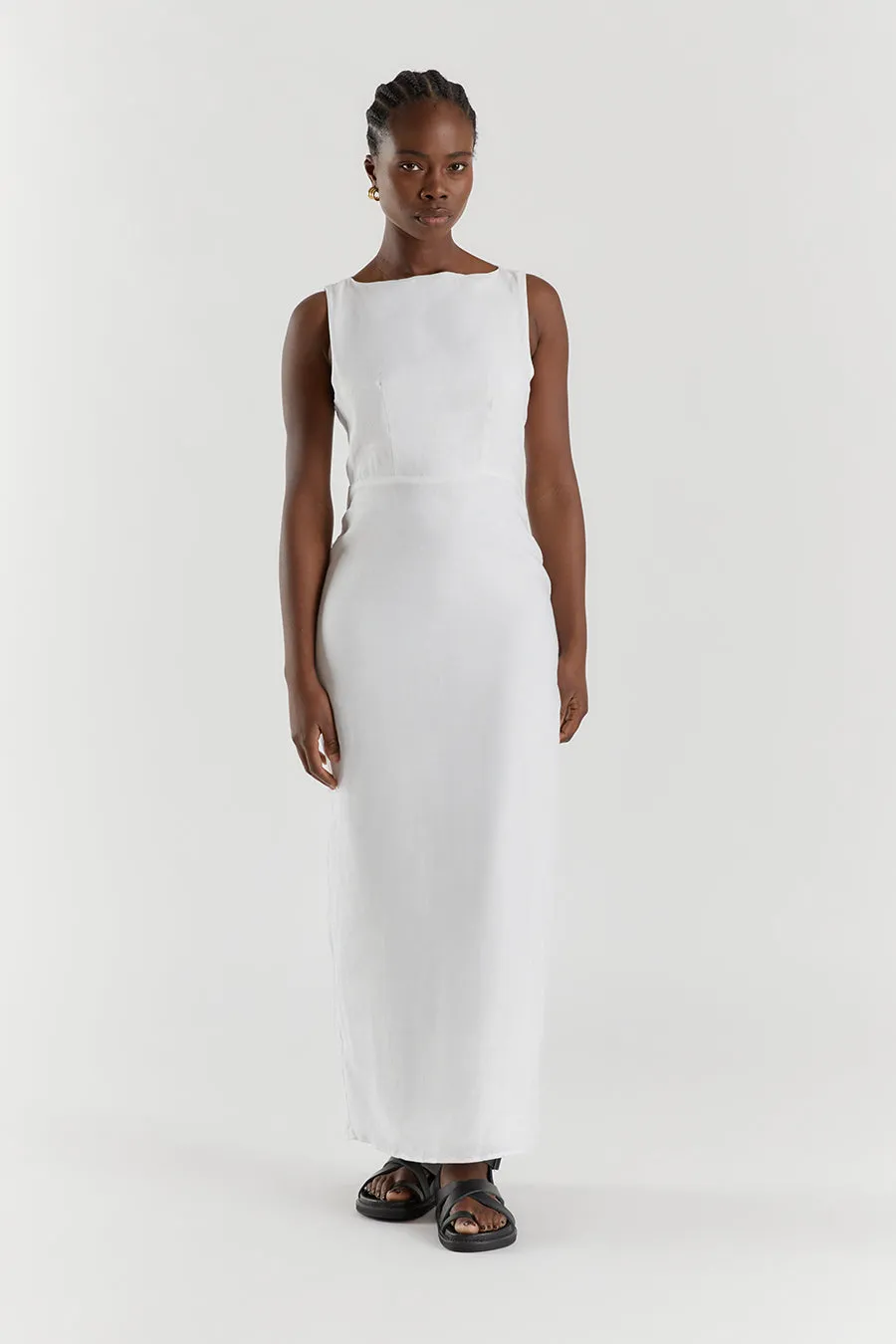 TYLA WHITE LINEN MIDI DRESS sold by Dissh