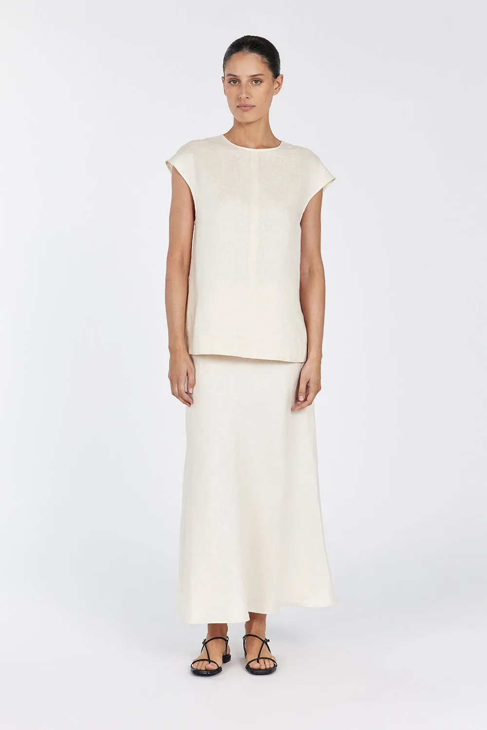 TYRA CREAM LINEN MIDI SKIRT sold by Dissh