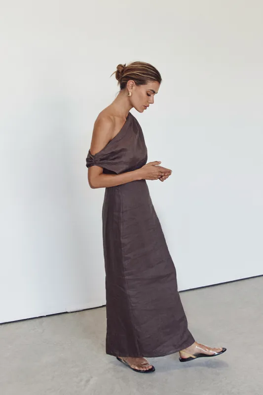 CASS CHOC LINEN ASYM MIDI DRESS sold by Dissh