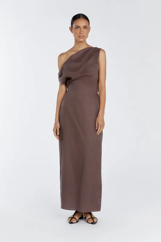 cass choc linen asym midi dress Signature Linen Lea wears the Cass Linen Midi Dress. Crafted from our 100% signature linen, Cass is designed with an asymmetrical neckline and close to body fit.