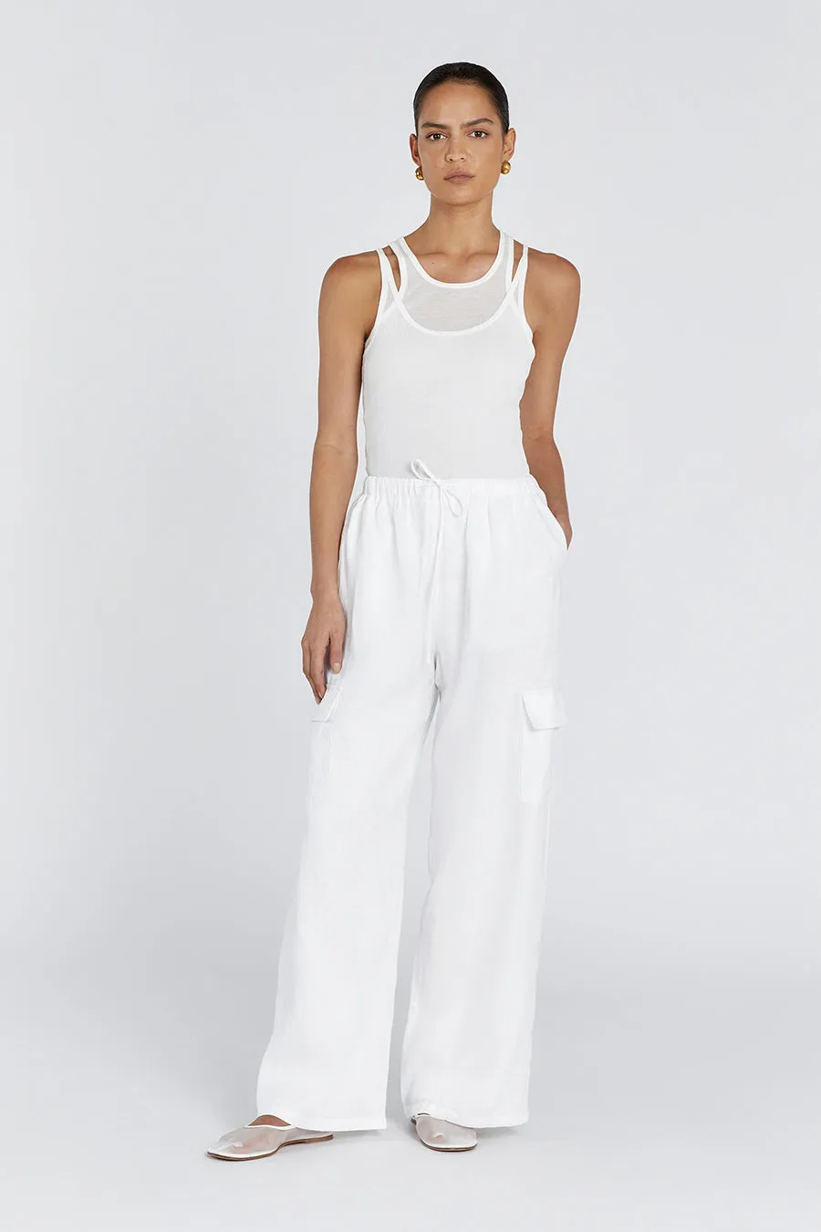 INGRID WHITE LINEN CARGO PANT sold by Dissh