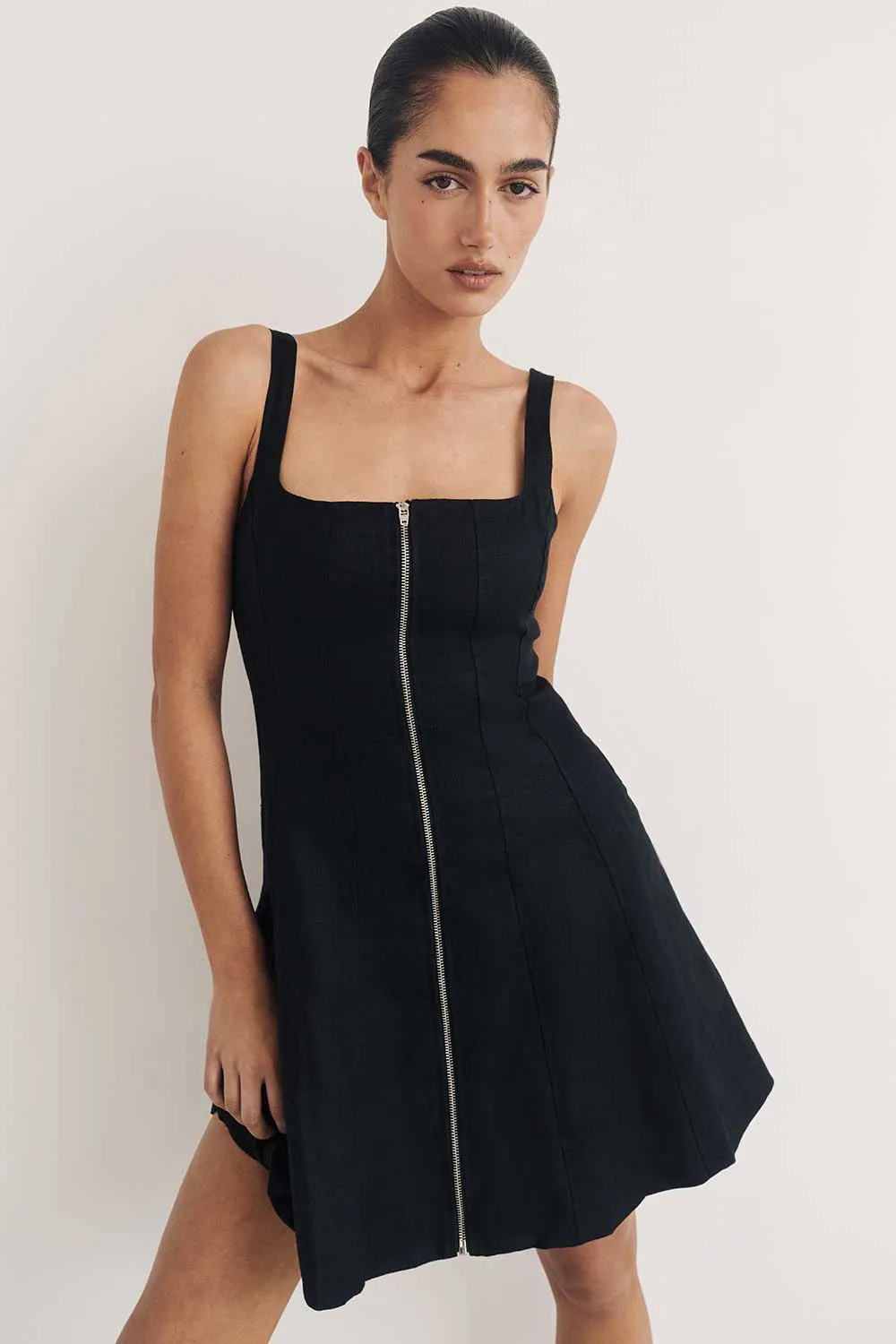 HARRIET BLACK LINEN MINI DRESS sold by Dissh