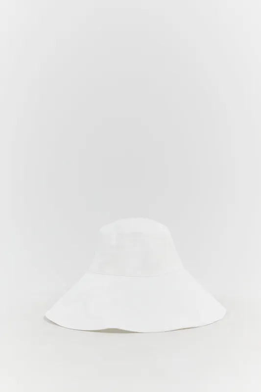 DIANA WHITE LINEN WIDE BRIM HAT sold by Dissh