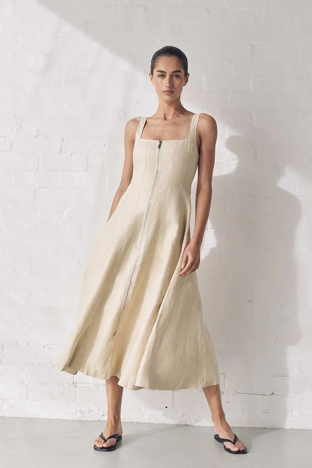 HARRIET SAND LINEN MIDI DRESS sold by Dissh