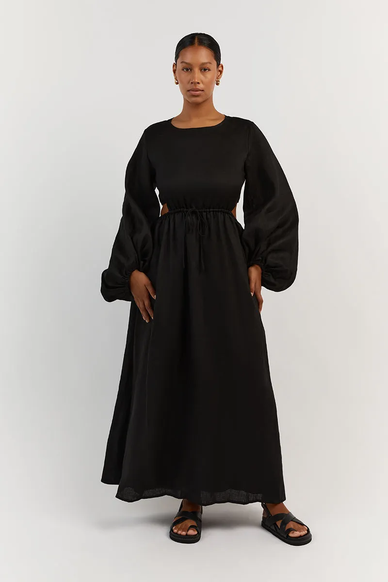 MOLLY BLACK LINEN MIDI DRESS sold by Dissh