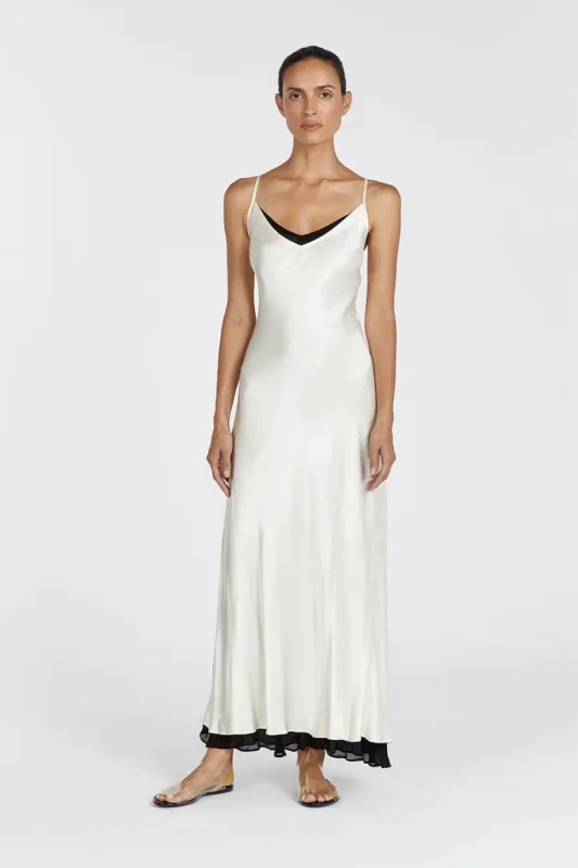 FAY CREAM SATIN V NECK SLIP MAXI DRESS sold by Dissh