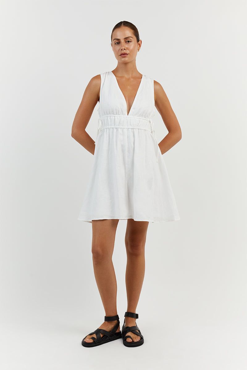 PIA WHITE LINEN LOW NECK MINI DRESS sold by Dissh