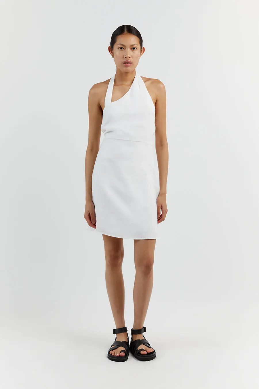 ZOEY WHITE ASYM LINEN MINI DRESS sold by Dissh