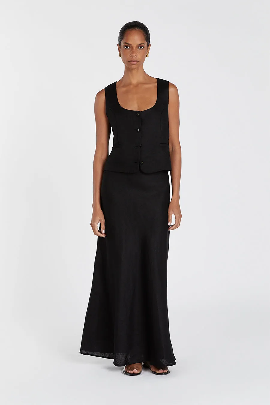 SYRAH BLACK LINEN MIDI SKIRT sold by Dissh