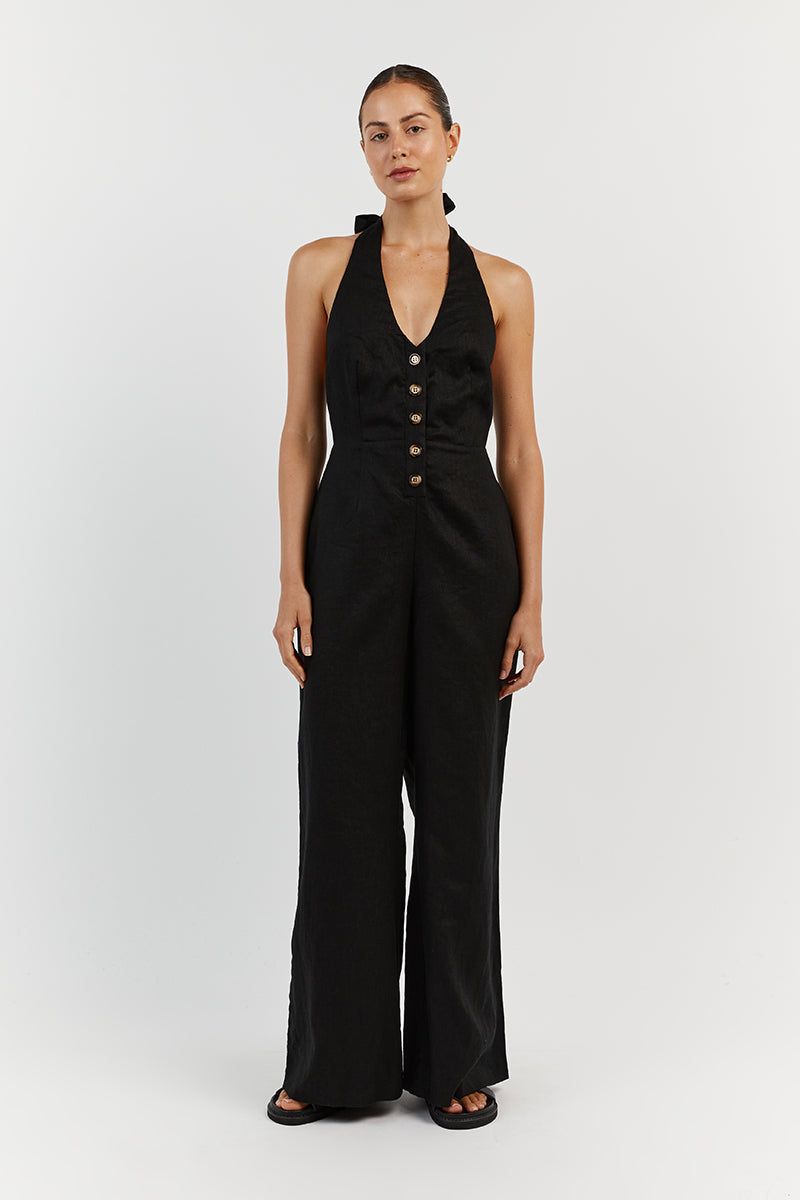 LOGAN BLACK LINEN JUMPSUIT sold by Dissh