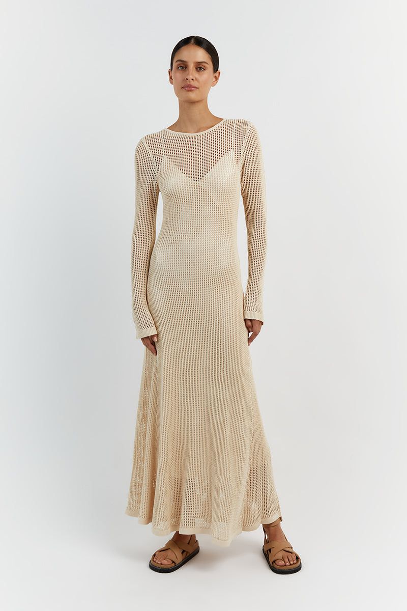 OPHELIA NATURAL LONG SLEEVE CROCHET MAXI DRESS sold by Dissh