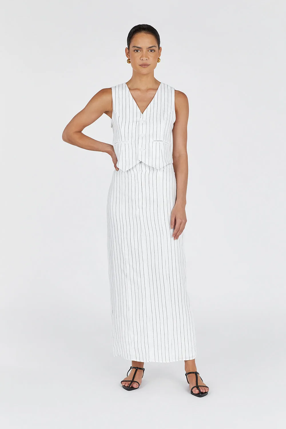 MARCEL WHITE PINSTRIPE MIDI SKIRT sold by Dissh