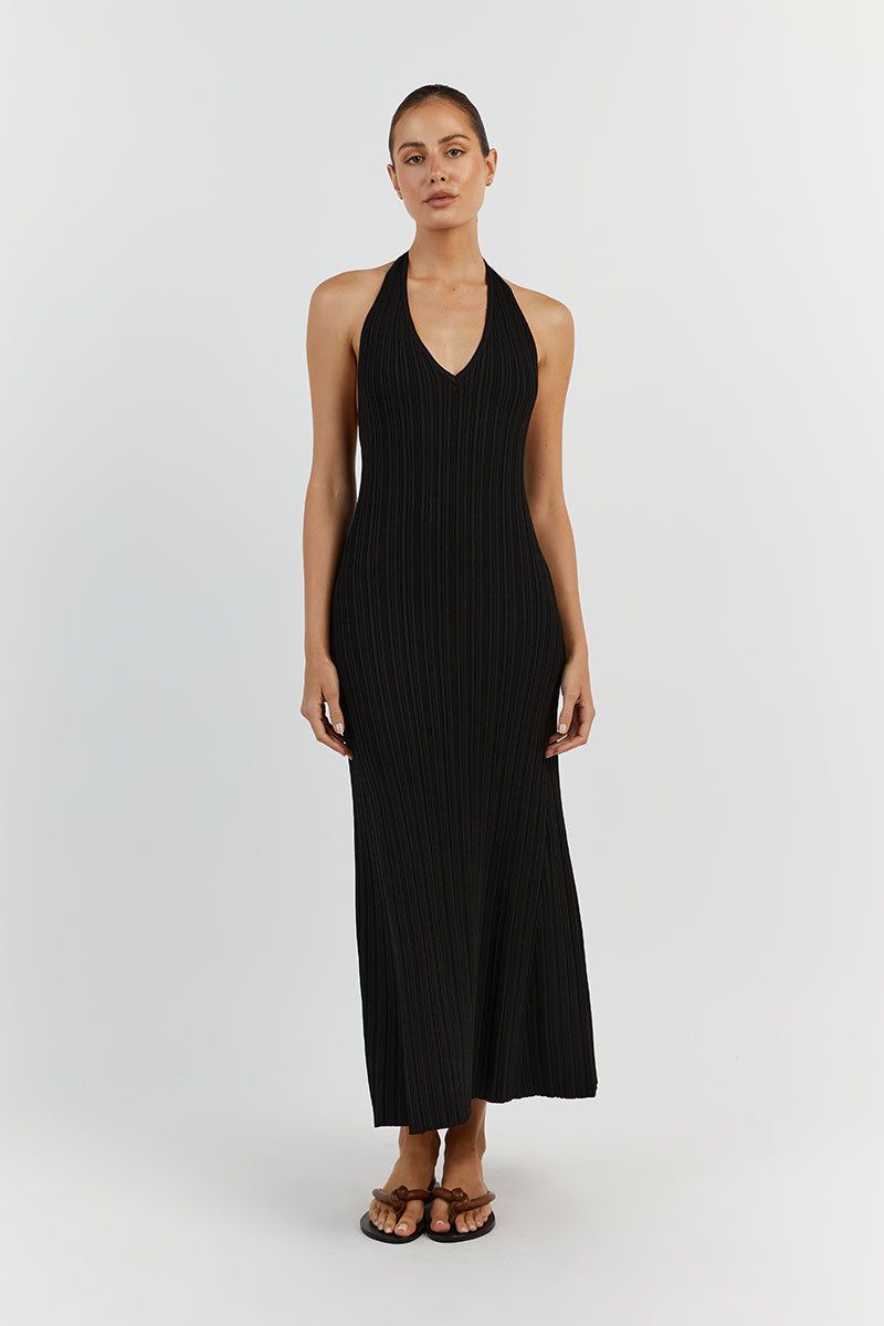 SIENNA BLACK PLUNGE HALTER MIDI sold by Dissh
