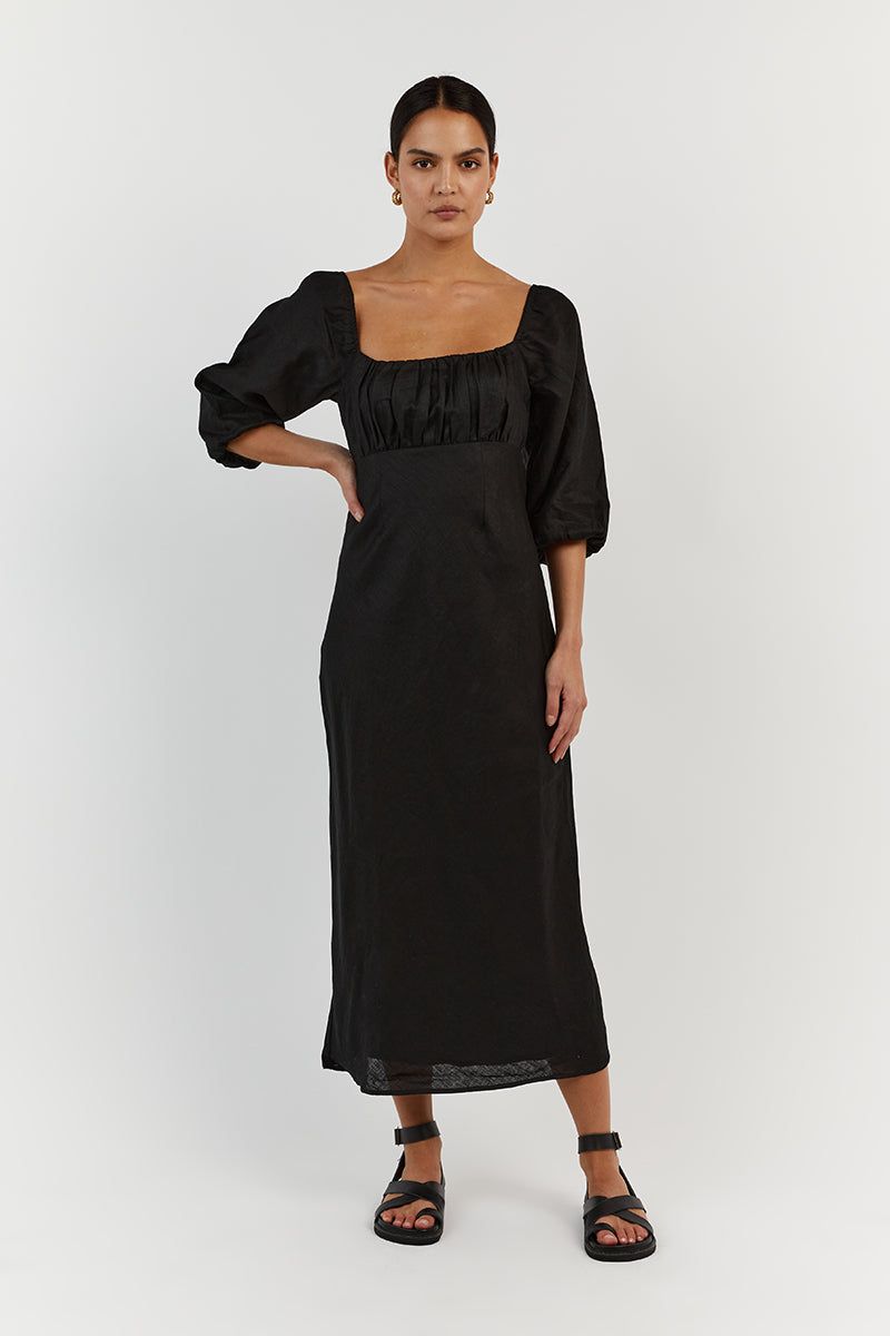 LILAH BLACK LINEN MIDI DRESS sold by Dissh