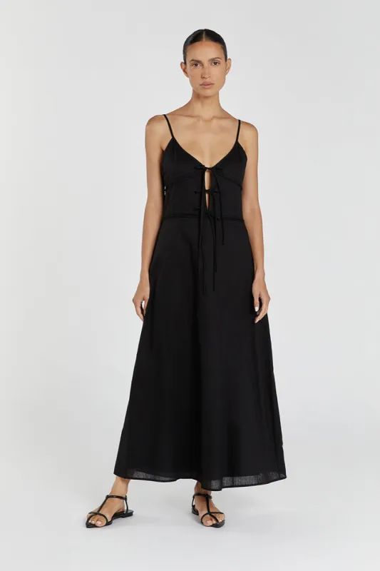 MIMI BLACK LINEN MIDI DRESS sold by Dissh
