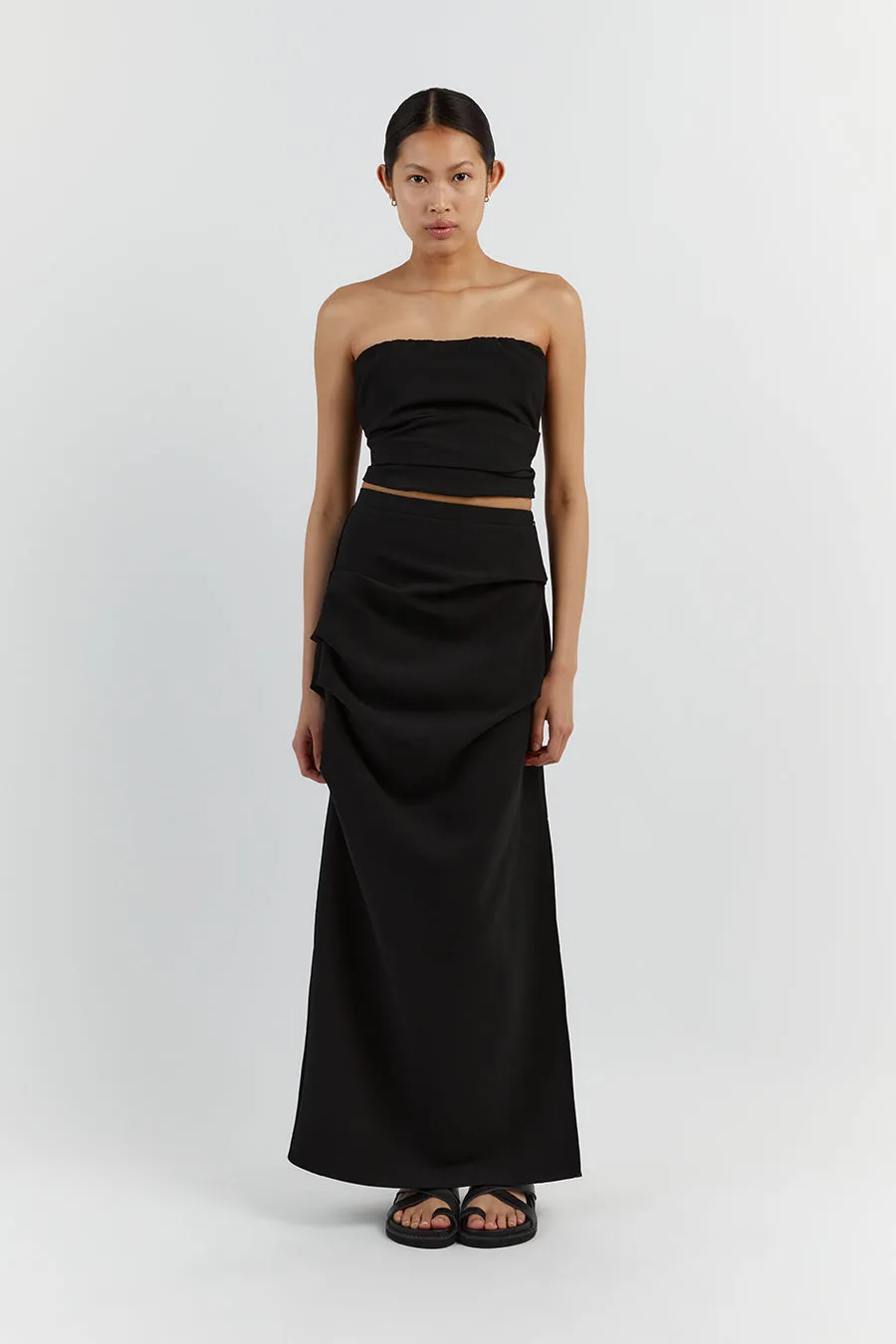 NILE BLACK ROUCHED MAXI SKIRT sold by Dissh