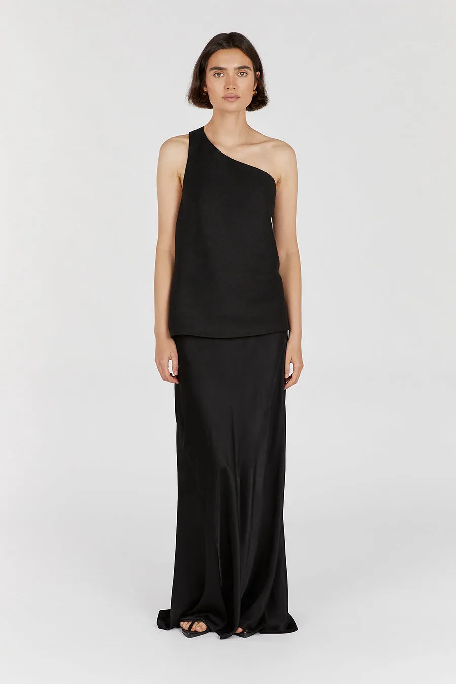 ADDISON BLACK LINEN ASYMMETRIC TOP sold by Dissh