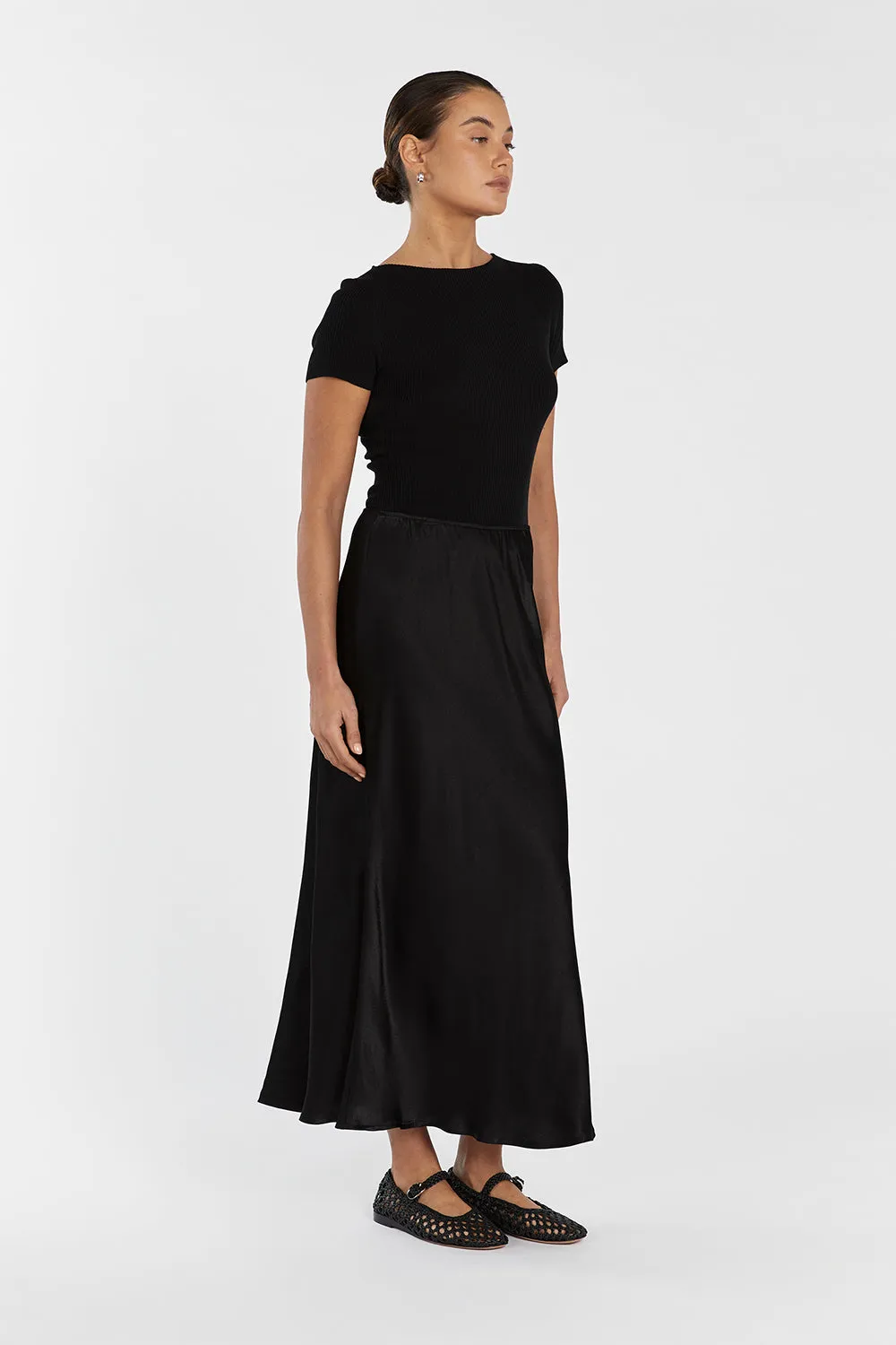 EMELIA BLACK SATIN MIDI SKIRT sold by Dissh product image thumbnail 3