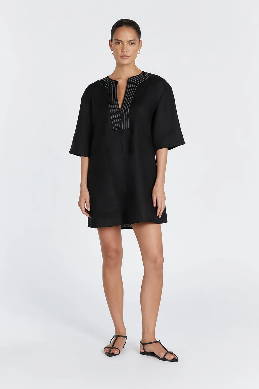 NALA BLACK LINEN MINI SMOCK DRESS sold by Dissh