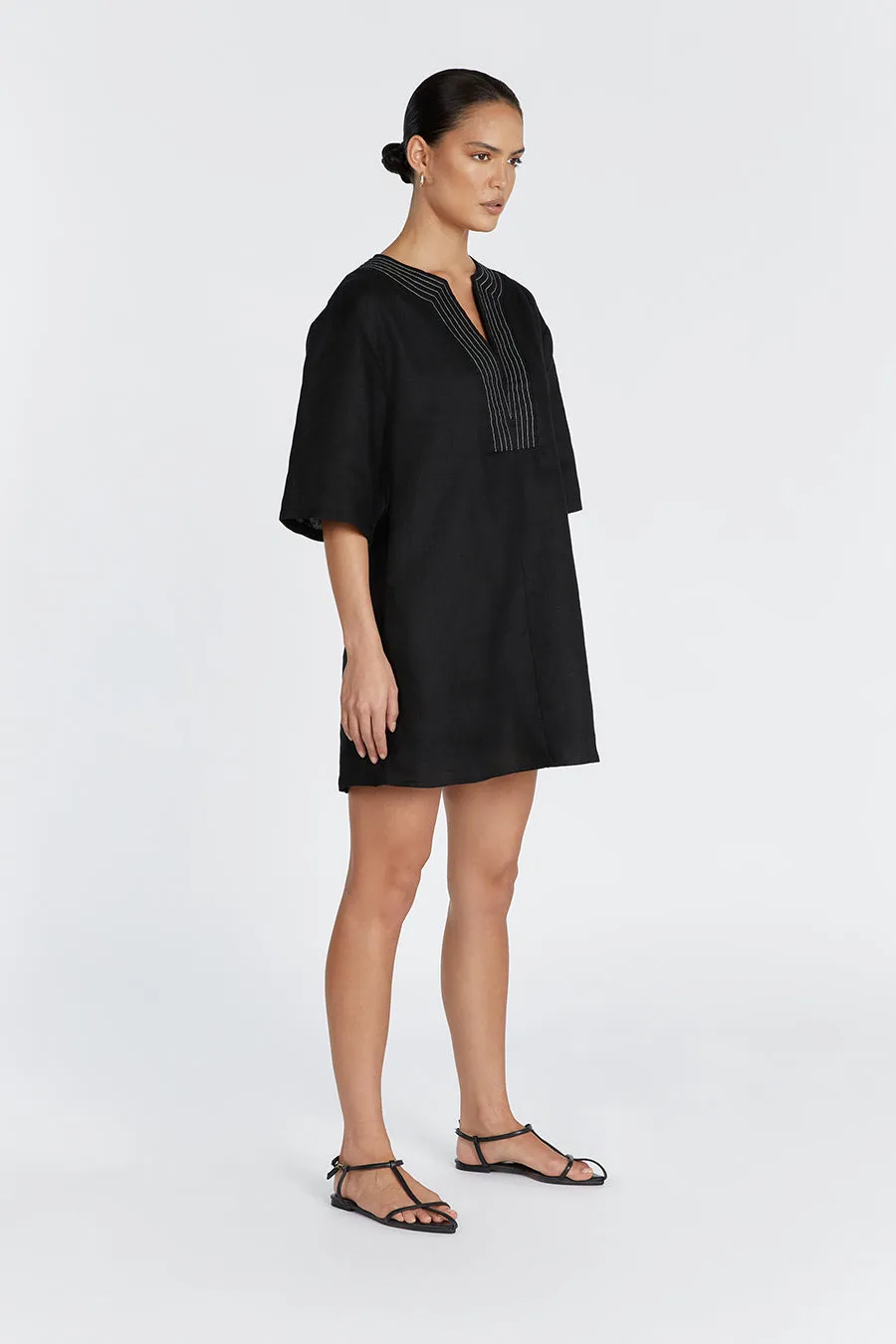 NALA BLACK LINEN MINI SMOCK DRESS sold by Dissh product image thumbnail 3
