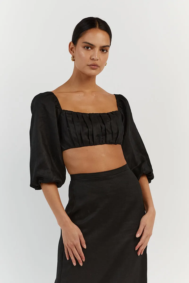 LILAH SLEEVED BLACK LINEN CROP TOP sold by Dissh product image thumbnail 2