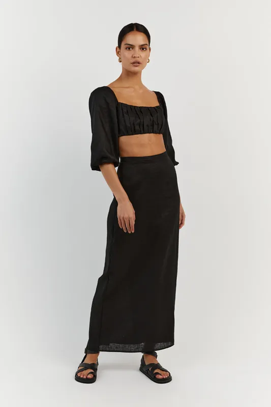 LILAH SLEEVED BLACK LINEN CROP TOP sold by Dissh