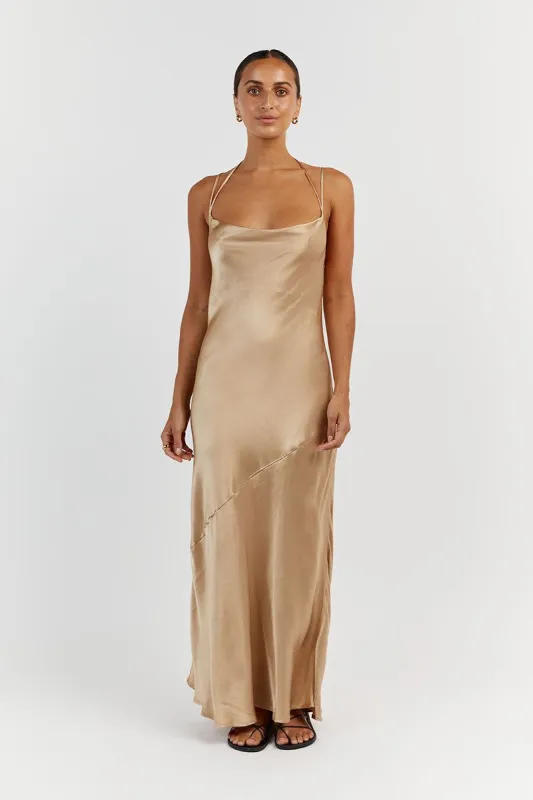 CHARLI GOLD SATIN MIDI DRESS sold by Dissh