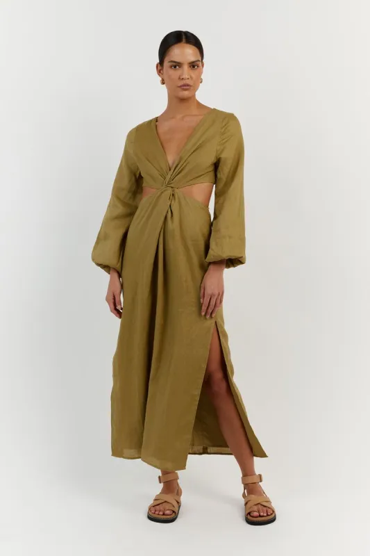 TINA OLIVE LINEN MIDI DRESS sold by Dissh