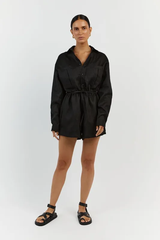 MAXIE BLACK LINEN SHIRT ROMPER sold by Dissh