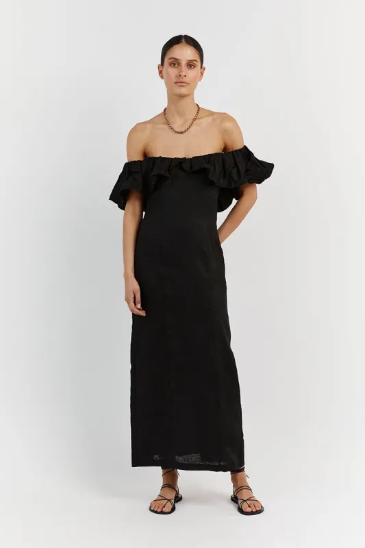 ISABELLE BLACK LINEN MIDI DRESS sold by Dissh