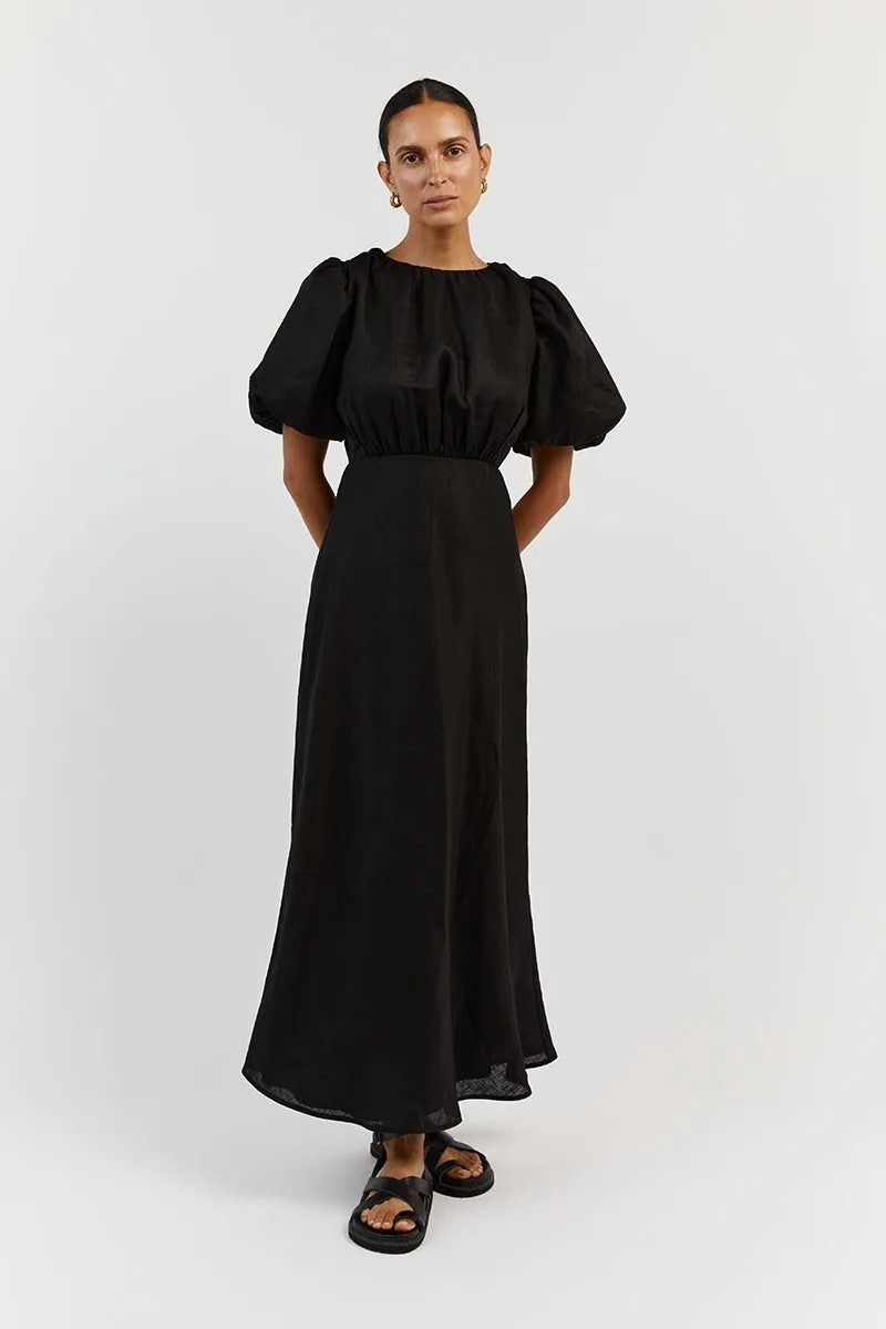 NAT BLACK LINEN GATHERED MIDI DRESS | Parallel 