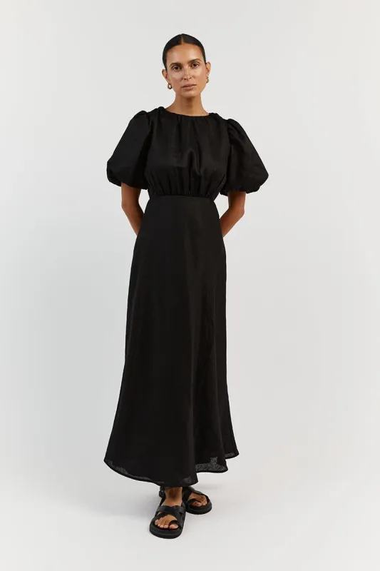 NAT BLACK LINEN GATHERED MIDI DRESS sold by Dissh