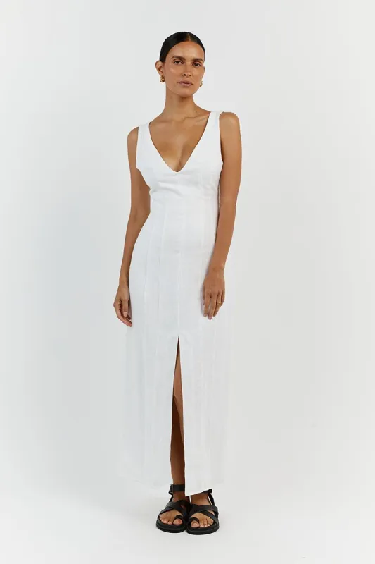 MILAHN WHITE LINEN V NECK DRESS sold by Dissh