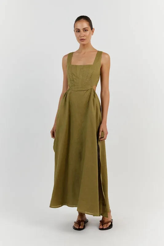 JOEY OLIVE LINEN CORSET MIDI DRESS sold by Dissh
