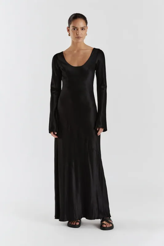 LEA BLACK SLEEVED SATIN MAXI DRESS sold by Dissh