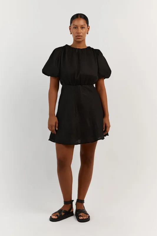 NAT BLACK GATHERED LINEN MINI DRESS sold by Dissh